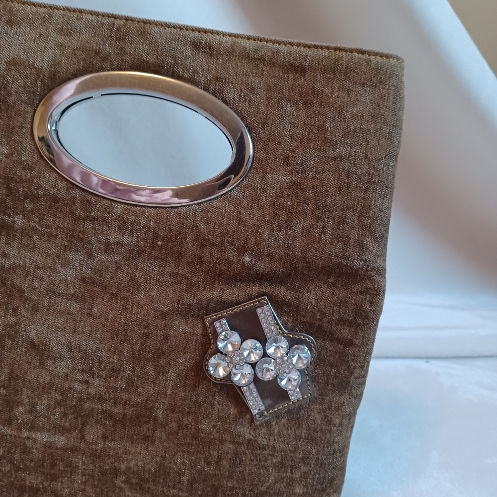 New Pearl brown jewel clasp handbag ladies corduroy silver magnetic closer - Picture 2 of 8